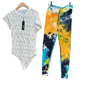 Fashion Nova Set Bodysuit (2x) Top & Textured Leggings Large